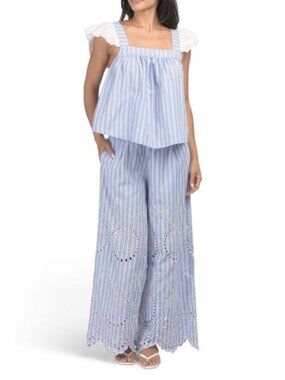 SAATVIK 2pc Hand Embroidered Eyelet Short Sleeve Top And Pants Lounge Set